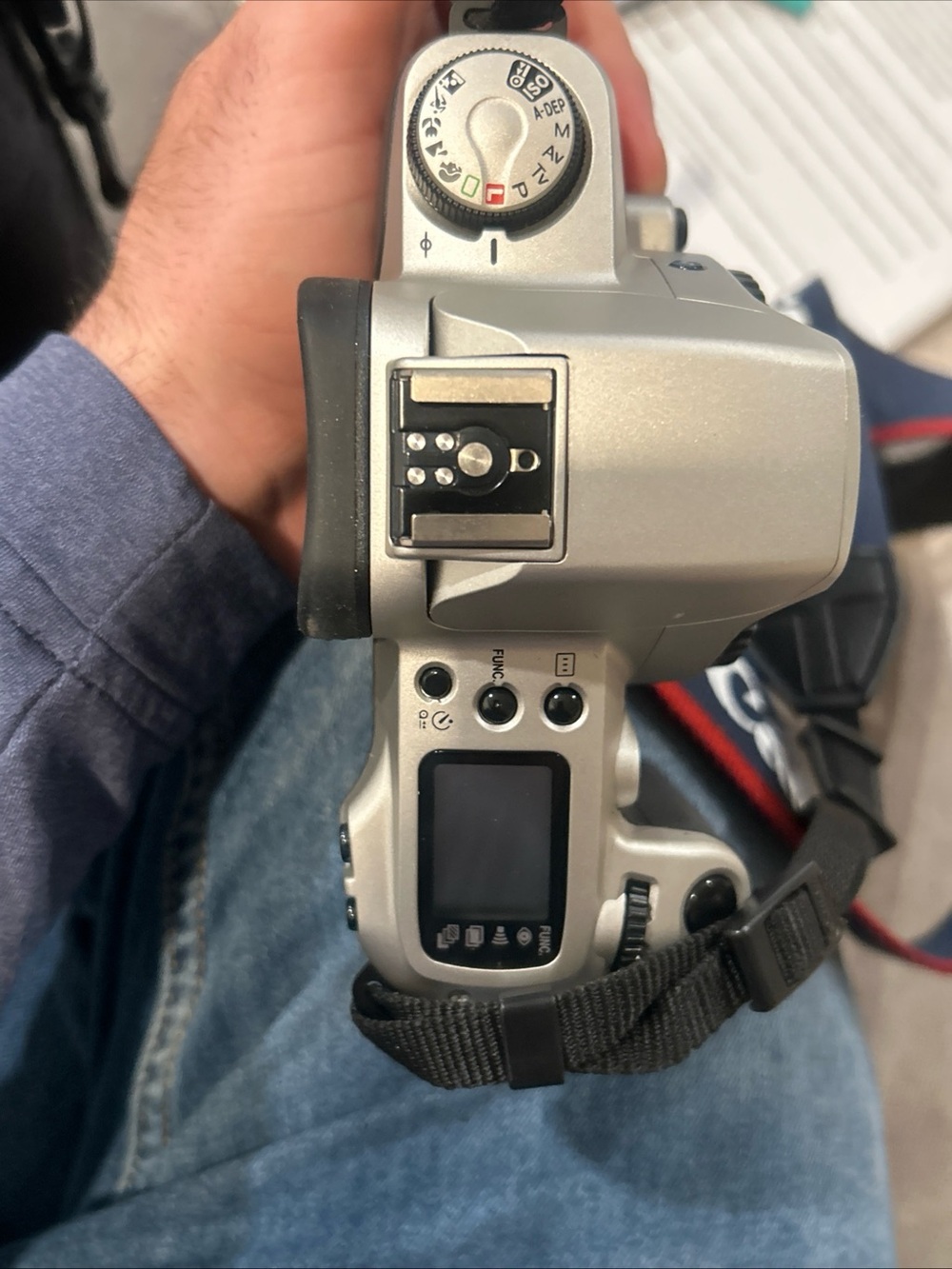 Canon EOS Rebel G Silver and Black Film SLR with Blue and Red Canon Strap - Picture 4 of 5